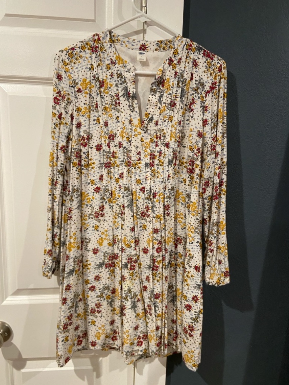 Old Navy White Long Sleeve Floral V-Neck Dress with Mustard & Burgundy